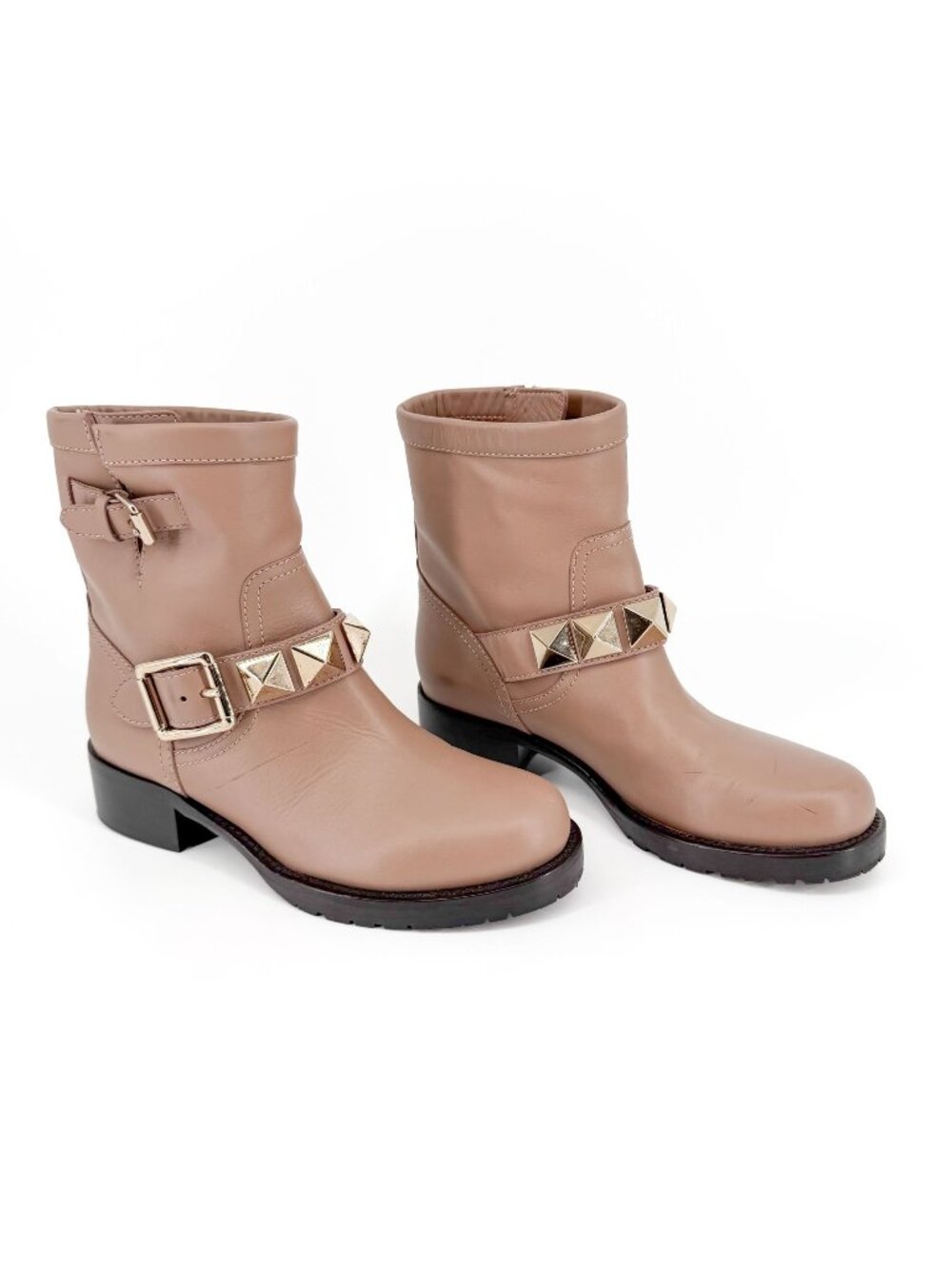 Valentino Rockstud Beige Leather Moto Ankle Boots Size 36.5 US 6.5 Women's